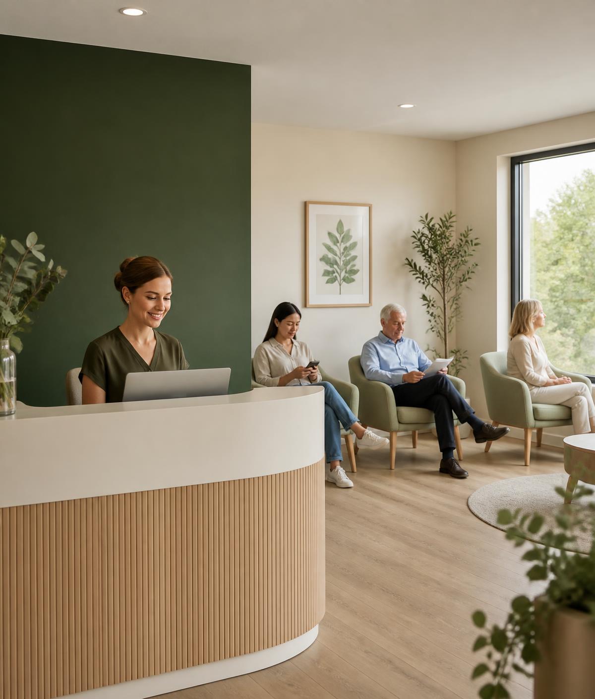 A calm Leafwise clinic waiting room with a receptionist behind the desk and patients seated separately