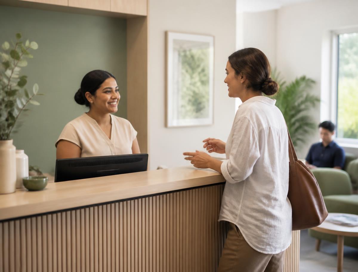 A patient speaking with a receptionist at the Leafwise clinic front desk